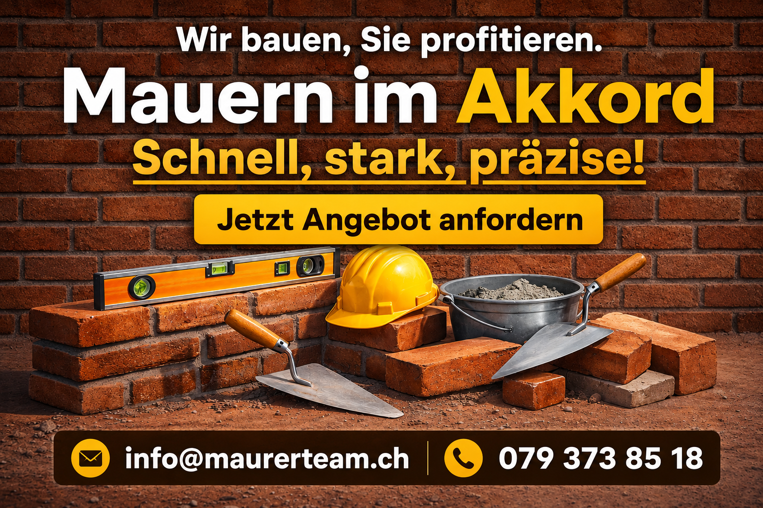 Gelber Helm, Schaufel und Werkzeuge vor Ziegelwand mit Werbetext und Button „Jetzt Angebot anfordern“.